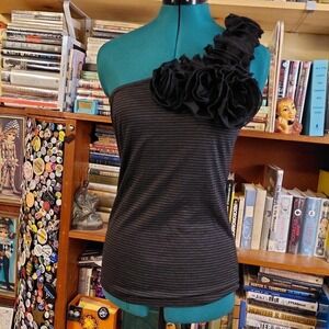 Janette Plus‎ USA Y2K Asymmetrical Striped Tank Top Ruffle Floral Strap Large